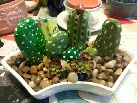 decoracion de cactus con piedras pintadas