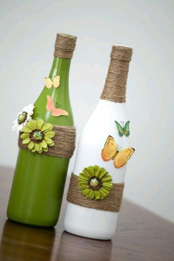 botellas decoradas con hilo de yute con ornamentos