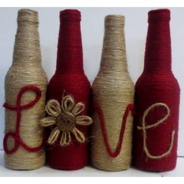 botellas decoradas con hilo de yute detalles